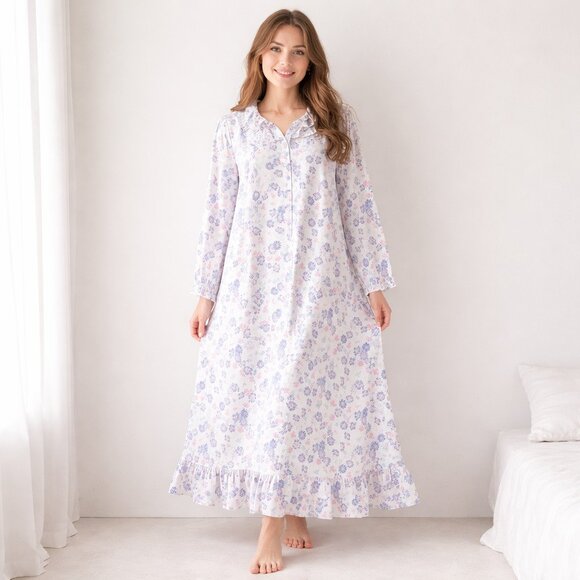 Lady Gloria Flannel 100% Cotton Floral Long Sleeve Nightgown L